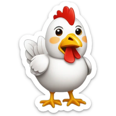 chicken wearing a white shirt with a red diagonal band sticker