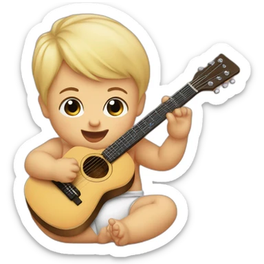 a 1-year-old baby, blond and with little hair, in diapers, playing a mini guitar sticker