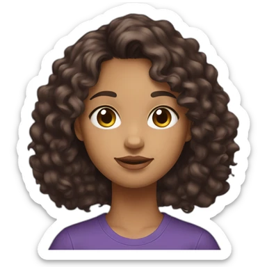 young-women,dark-long-brown-curly-hair,using-purple-tshirt,holding-a-kitty sticker
