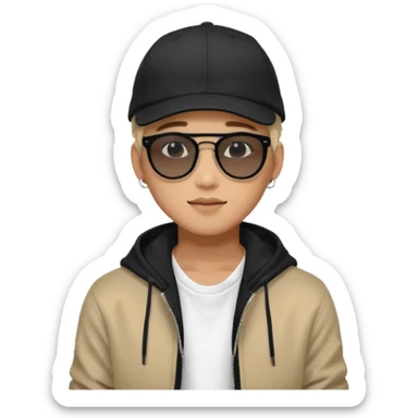 Portrait of a male K-pop idol, wearing a stylish streetwear outfit with layered clothing, makeup, wearing a black cap, happy, sunglasses sticker