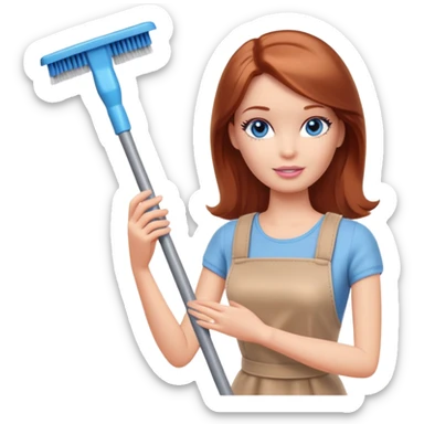 A Barbie girl with blue eyes, shoulder-length reddish-brown hair, made-up, and beige clothes is cleaning sticker
