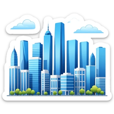 city view skyline with modern buildings and blue sky, clean and vibrant sticker