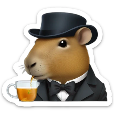 A capybara in profile with a bowler hat and a monocle is drinking tea sticker