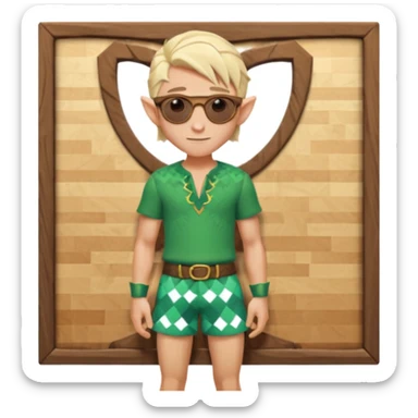 elf male legolas portrait, patterned board shorts (geometric/abstract), unique wooden-framed sunglasses, undercut hairstyle, slight smirk, visible pointy ears, no background, centered emoji, hipster summer vibe sticker
