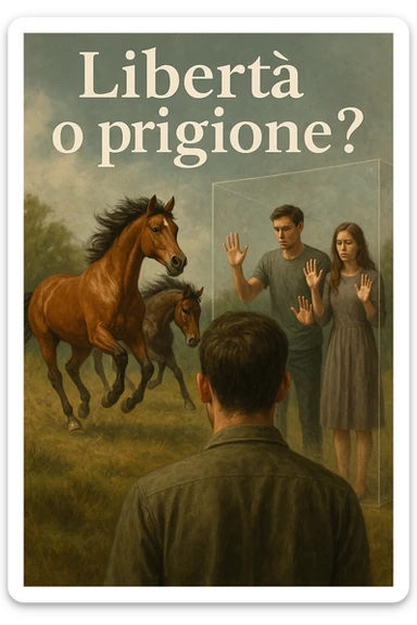 Vertical format: An Italian text 'Libertà o prigione?' with a close-up of a man observing two horses running free together, next to a human couple blocked by invisible walls, symbolic and emotional. sticker