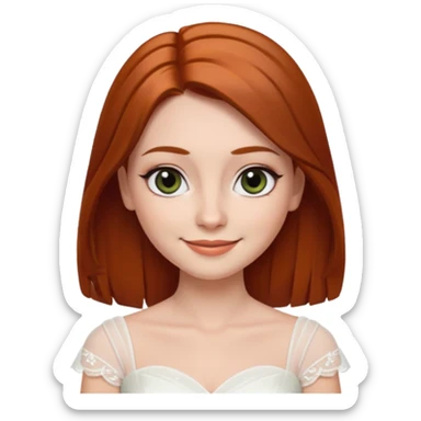 милая девушка невеста ,с рыжими прямыми волосами по плечи, с черными макияжем глаз, тонкими бровями, с улыбкой, в стиле Apple avatar sticker