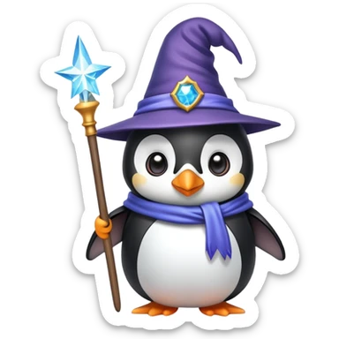 A cute penguin wearing a wizard hat and holding a magic wand sticker
