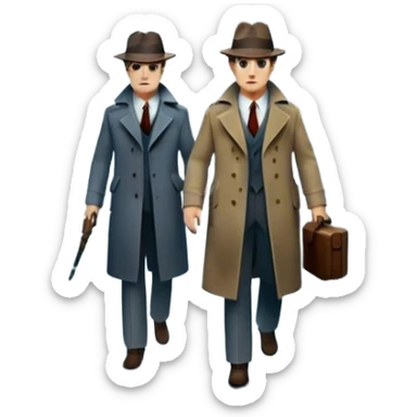 Icon for Detective Movie: A vintage movie poster-style design of a mysterious detective movie. Include dark alleyways, fog, and shadowy figures. The design should evoke a classic noir detective story with retro cinematic typography. Transparent background. sticker
