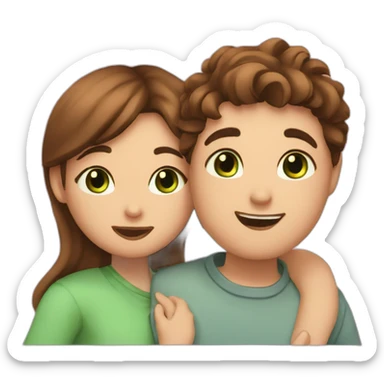Girl with brown eyes and brown hair kisses boy with brown hair and green eyes and hugs brown fat cats sticker