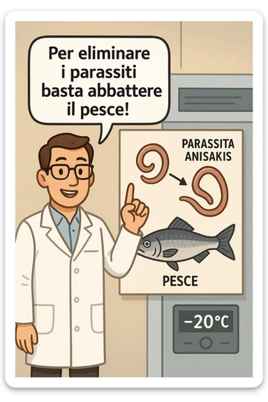 a scientist in a white lab coat stands beside a large poster showing a fish and a diagram of the Anisakis parasite. The scientist points to a speech bubble that says, “Per eliminare i parassiti basta abbattere il pesce!” In the background, a blast freezer is visible, with a temperature gauge set to -20°C. The mood is informative and reassuring. In italiano sticker