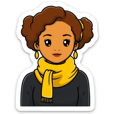 boho girl with brown skin, long curly brown hair tied high, lemon yellow scarf, round earrings sticker