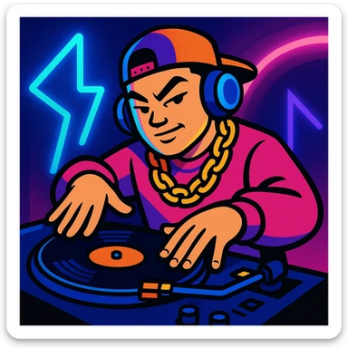 hip hop Chinese American character DJing at a turntable, cool expression, neon lights, hip hop accessories, dynamic energetic style sticker