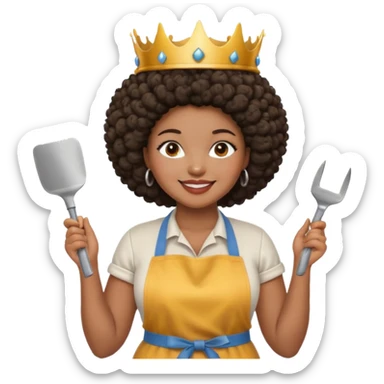 Mujer curvy afro, con vestimenta cómoda y delantal,con una corona sobre su cabeza y sonrisa contagiosa. En la mano herramientas de trabajo pesado sticker