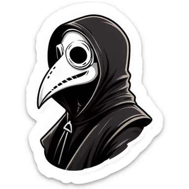 Man wearing a black plague doctor mask in a hood, with head back laughing sticker