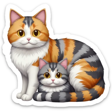 full body colourful light patched calico + white tabby cat cuddling a big dark grey and white tabby cat  sticker