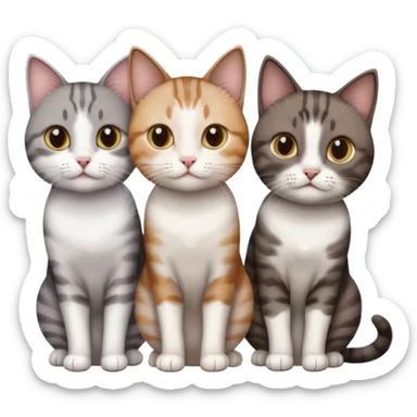 3 different coloured short haired cats including; a dark brown tabby and white cat, and a dark grey and white  sticker