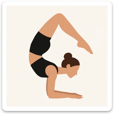 Minimalist flat vector illustration of a woman doing yoga (Vrischikasana), wearing sportswear (black top and black shorts), brown hair in a bun, clean white background, no face details, elegant style sticker