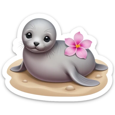 A small, slim baby seal resting gracefully on a sandy beach, with a delicate pink flower placed on its head.  Grey color sticker