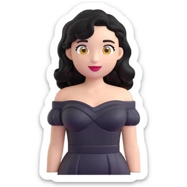 woman with wavy black hair, black off-shoulder dress, white skin, 3d emoji style sticker