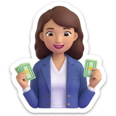 memoji of a beautiful girl with success and charisma, tired but happy expression, smiling with one eye half-closed, wearing a stylish but comfortable outfit like a T-shirt and blazer, holding a wad of cash or credit cards sticker