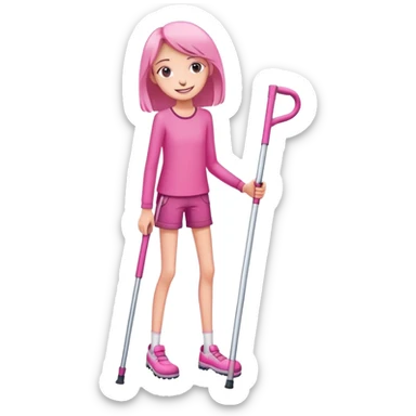 Skinny girl in pink crutches with a happy smile but tired eyes sticker