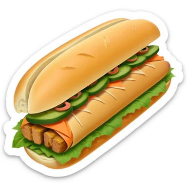 Cinematic Realistic B√°nh m√¨ Sandwich Dish Emoji, showcasing a crusty baguette filled with savory meats, pickles, and fresh herbs rendered with dynamic detail and appetizing lighting. sticker