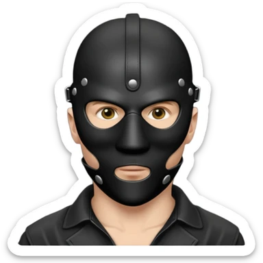 bdsm slave black leather fullhead mask, no metallic details on a white man, no gold, no metal, no yellow sticker