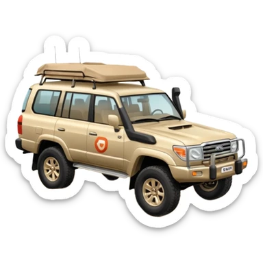 a 2007 Land Cruiser car driving on sand with the word 'Doha' above it in emoji style sticker