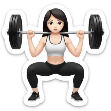 Девушка белокожая, с длинными темными волосами, в одежде для йоги - черные лосины, белый топ, делает присед со штангой 100 килограмм на плечах, вид сбоку , правильные пропорции тела, только человек sticker