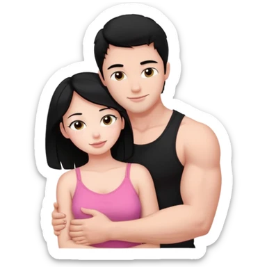 a pretty bratz fair girl. black hair, wearing a pink cami top, she is hugging a handsome fair guy with black hair. lean but muscular.the boy is wearing a black tshirt sticker