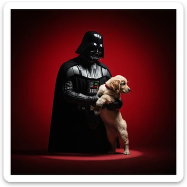 Photo of a darth vader holding puppy golden retriver, low key light, red solid background with leading lines, back light, spot light sticker