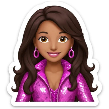 Mya, R&B Singer with dark brown long hair, pink sequin outfit sticker