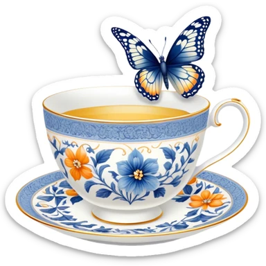 A delicate butterfly with navy wings, resting on the edge of a perl porcelain teacup adorned with intricate pastel blue floral patterns. sticker