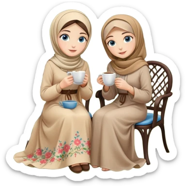 Turkish beautiful finish Konya girls blue eyes with Beautiful beige floral hijab long tail dress and the two friends in a lovely garden sits on the chair on the ground and holds cup coffe with her hand  sticker