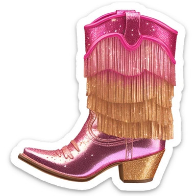 Realistic hot pink to rose gold ombre pair of fashion cowgirl boots with sparkly shiny glitter fringe on them. sticker