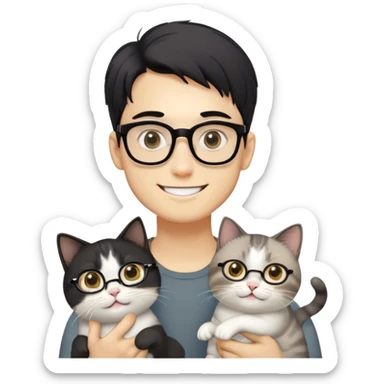 Young man with warm yellow-toned skin, long face, black back-length hair, large eyes, thin-rimmed square glasses, smiling gently while holding a grayish-white Munchkin cat with short legs and a gray patch under its mouth sticker