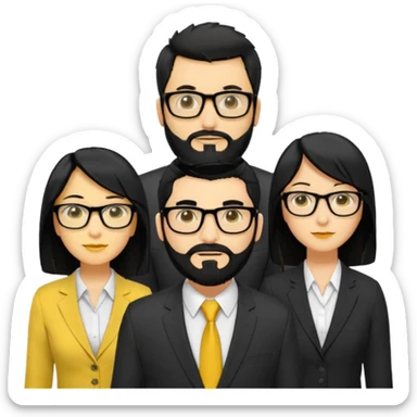 A work group avatar.Layout: two men (middle), two women (sides). Left woman: yellow skin, long black hair, glasses. Middle-left man: yellow skin, short black hair, thick black beard, shirt. Middle-right man: yellow skin, short black hair, no beard, suit. Right woman: yellow skin, long black hair.  sticker