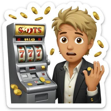 disheveled man losing money at a slot machine, panicked face, coins flying everywhere sticker