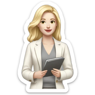 pale skin woman with blonde Straightened Hair to shoulders, White classical jacket, Gray Palazzo pants holding a color palette in the hands sticker