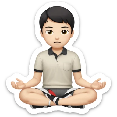 A cartoon young Asian boy with short black hair, light beige skin, and large expressive eyes, wearing a white polo shirt, gray pants, and black shoes. He sits cross-legged on the ground, one fist resting on his cheek, with a closed-mouth smirk. Clean lines, flat colors, solid black background. sticker