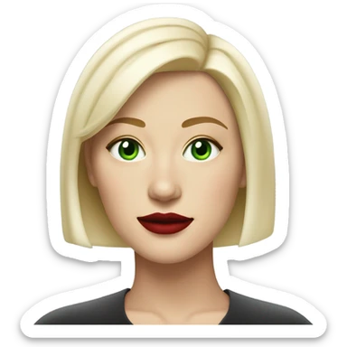 A strong white blonde woman with a medium asymmetrical haircut, green eyes, a mole underneath her rub red lips sticker