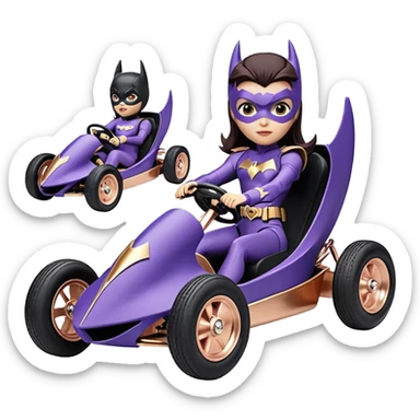 Hot full size real-appearance enclosed electric racing action BatGirl’s feminine midnight-colored tight outfit sixty’s tv show 1992 stealthy retro sporty safe plush petite off-road pursuit cruiser car rose gold accents (black hair,reclined and relaxed torso and shoulders seating position) go kart  sticker