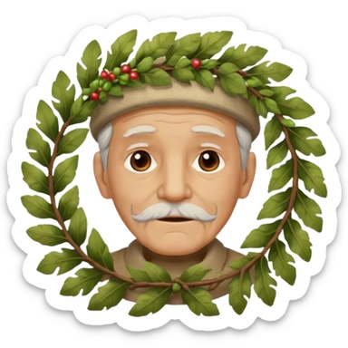 an old man wearing a large leaf wreath sticker