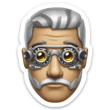 Tan shaved male Latino cyborg head with grey beard, silver steampunk monocle goggles and circuits sticker