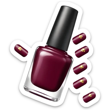 burgundy nail polish bottle, nail polish has light gold iridescence, cap is black with white polka dots, cinematic emoji sticker