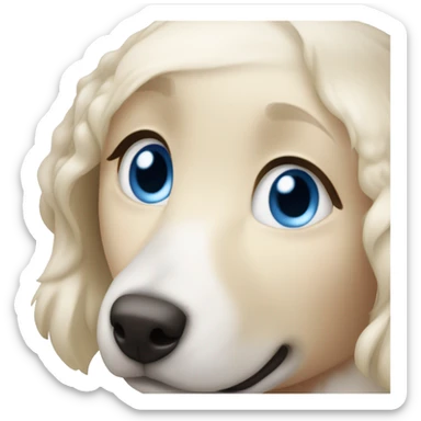 Blond girl with blue eyes cuddles a white Sheppard dog with brown eyes  sticker