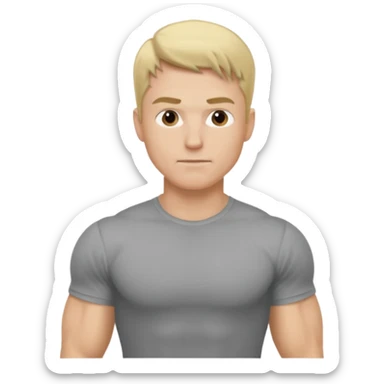 fais le meme blond, tee shirt gris mais musclé et fin sticker