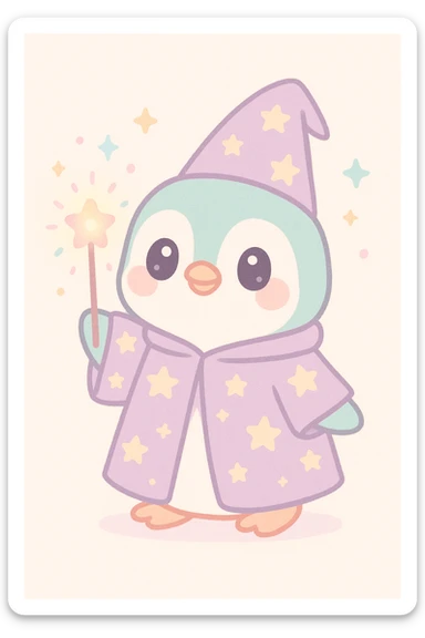 cute penguin wizard with a starry robe and a glowing wand, magical sparkles around, adorable and enchanting sticker