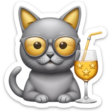 Fait un chat gris avec des lunettes de stars et avec un verre d alcool sticker