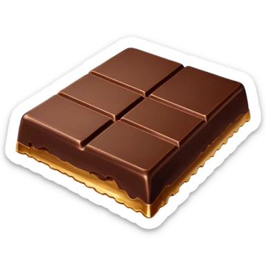 Cinematic silky dark chocolate bar, broken into perfect squares, rich cocoa tones, slightly melting edges, fine texture and decadent shine, warm golden highlights, tempting and rich. sticker